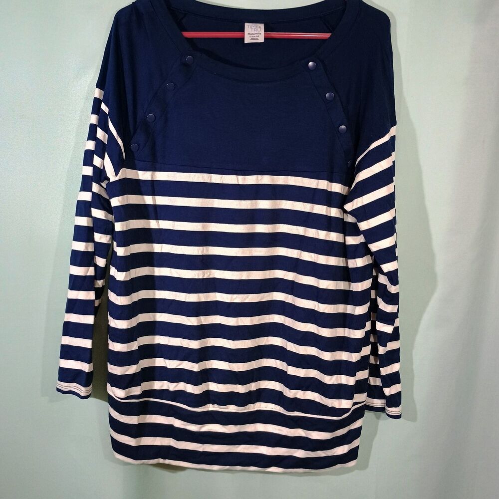 Navy White Striped Long Sleeve Top Button Detail Casual Nautical Shirt